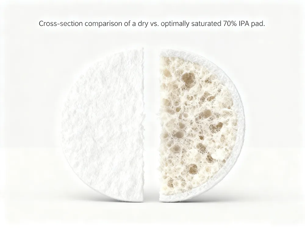 alcohol pad saturation comparison Cross-section comparison of a dry vs. optimally saturated 70% IPA pad