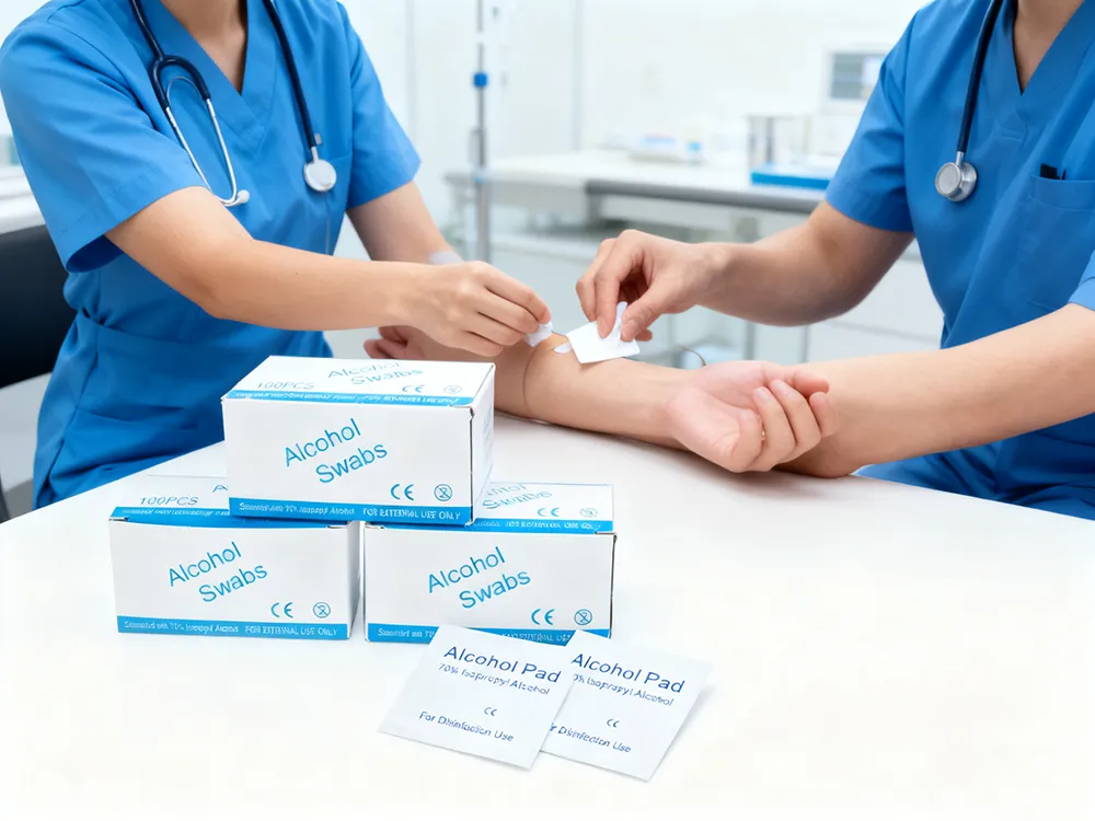 clinical alcohol pad usage phlebotomy prep 1 Nurse preparing a patient's arm for phlebotomy with a Shevenmed alcohol prep pad, demonstrating clinical usage