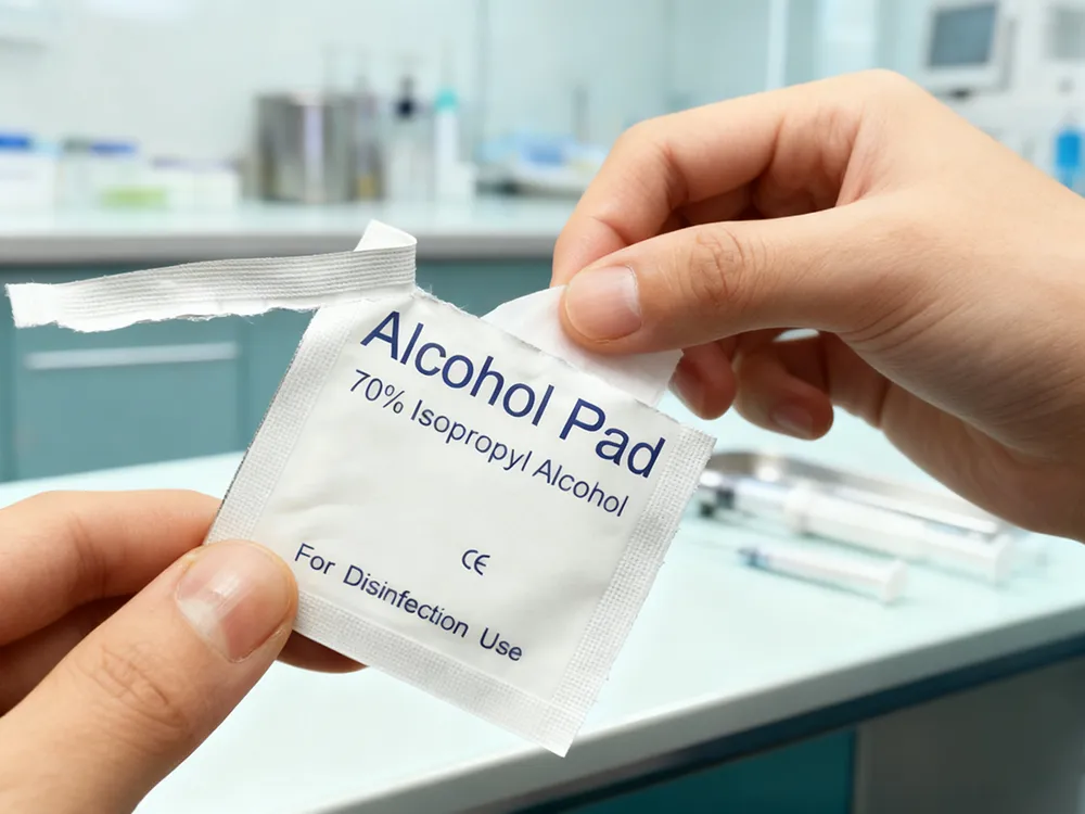 clinical skin prep technique Image demonstrating the correct single-stroke, outward wiping technique for pre-injection skin preparation.